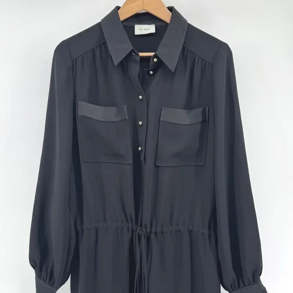 ST. JOHN‎ Black Crepe Silk Blend Long Sleeve Collared Shirt Dress Drawstring 12 - Picture 3 of 9